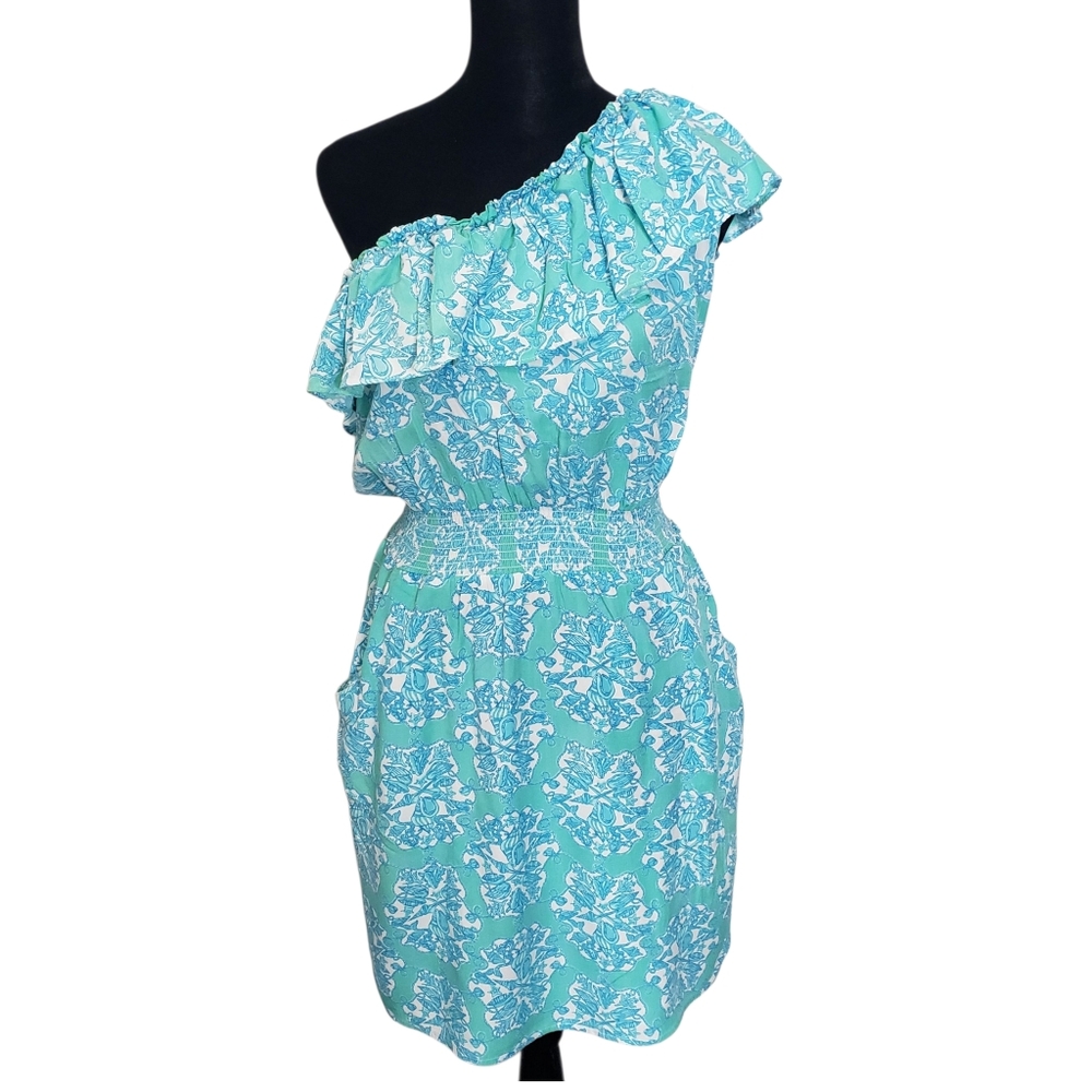 Lilly Pulitzer Jessy One Shoulder‎ Dress Hey Sailor Green Lagoon Size Small $178